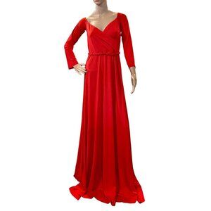 STUNNING RED FLOOR-LENGTH DEEP V-NECK LONG SLEEVE WEDDING GUEST PROM DRESS LARGE